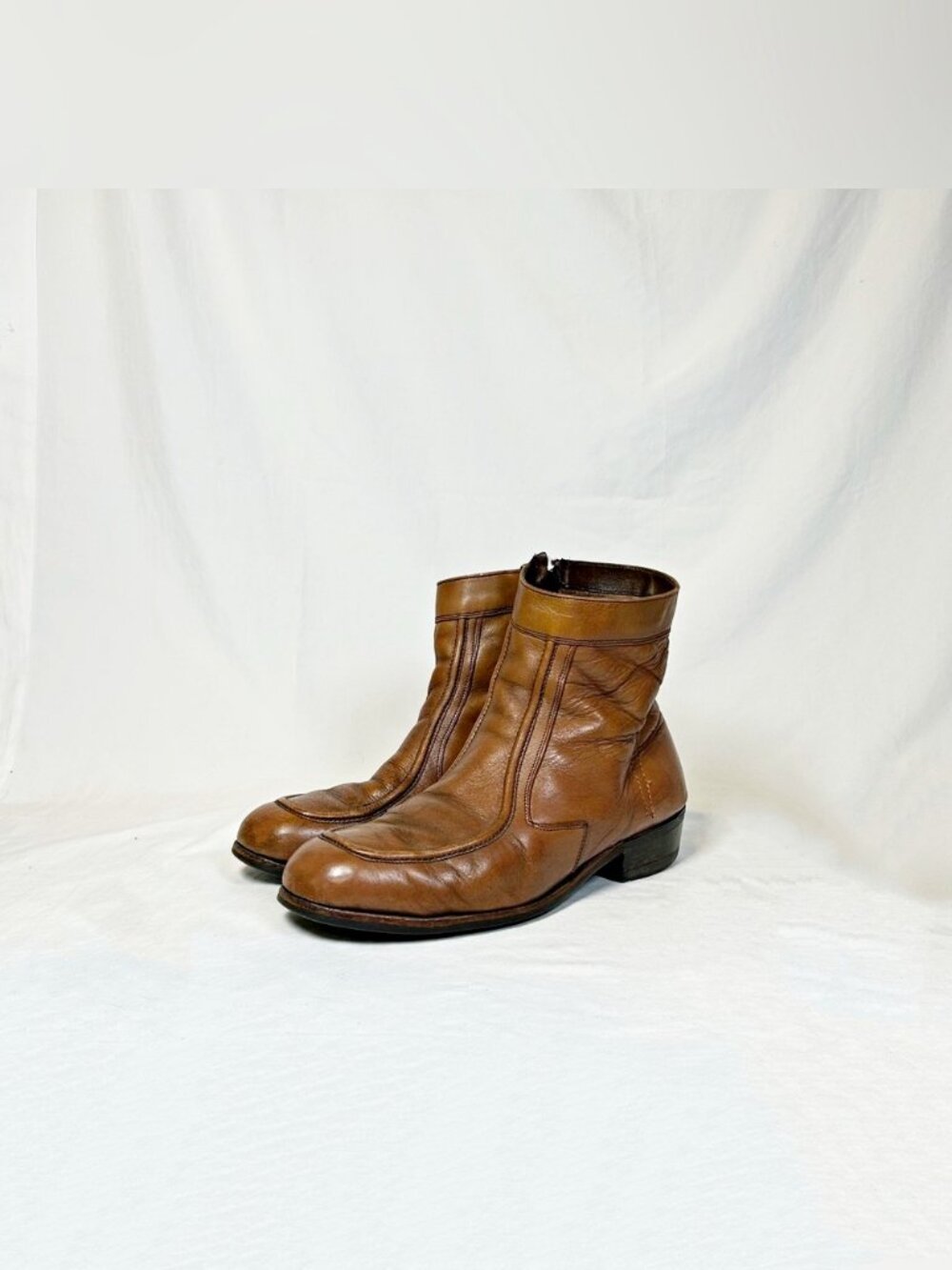 Vintage 1970s Mens Brown Leather Disco Side Zip Beetle Ankle Boots~8~